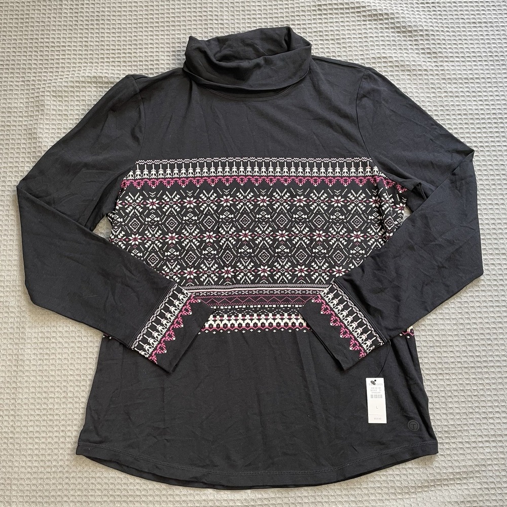 New T By Talbots Fair Isle Nordic Turtleneck Shirt Large Womens Black